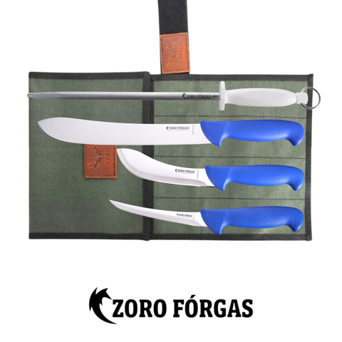 Zoro Forgas 4 Piece Butcher 10" Bullnose Knife Boning Knife Set and 12" Sharpening Steel