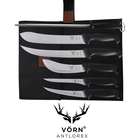Vorn Antlorex 6PCS Farm Butcher Knife Set with 12" Sharpening Steel & Canvas Wrap