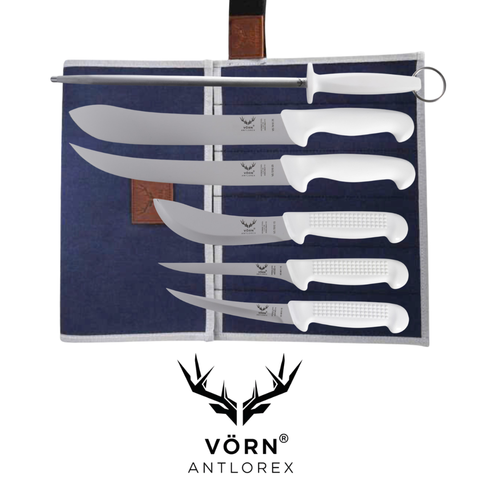 Vorn Antlorex 6PCS Farm Butcher Knife Set with 12" Sharpening Steel & Canvas Wrap