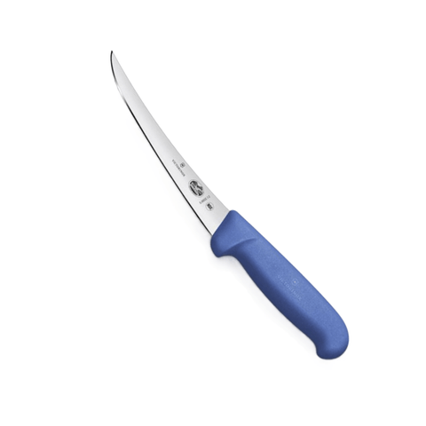 A blue-handled knife with a silver blade is shown against a white background.