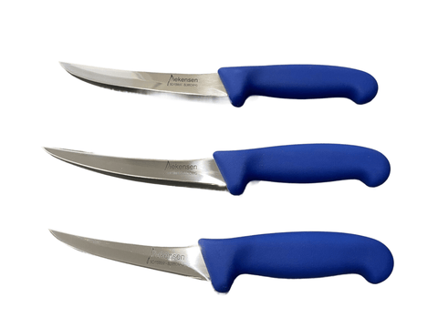 three blue handled knives on a black background