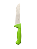 a knife with a green handle on a black background