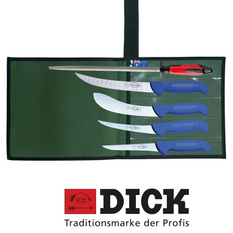 F. Dick 5PCS Butchers Knife Combo 12" Regular Cut Steel Clear PVC Front Canvas