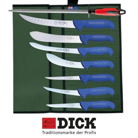F. DICK 8PCS Pro Butcher & Hunter Knife Set Canvas Roll 12" Sharpening Steel