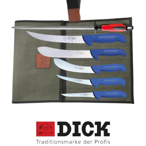 F.Dick 6PCS Butcher Knife Roll Set with Breaking, Bullnose, Boning & Skinning Knives and 12" Premium Steel