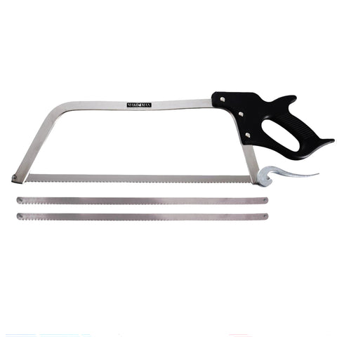 A metal hacksaw with a black handle and silver blade, shown with two additional replacement blades on a plain white background. The brand name 'Mako Max' is visible on the upper part of the frame.
