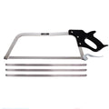 A metal hacksaw with a black handle and three interchangeable silver blades, shown on a plain white background.