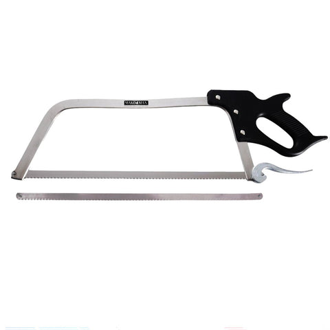 A metal hacksaw with a black handle and silver blade, shown with one additional replacement blades on a plain white background. The brand name 'Mako Max' is visible on the upper part of the frame.