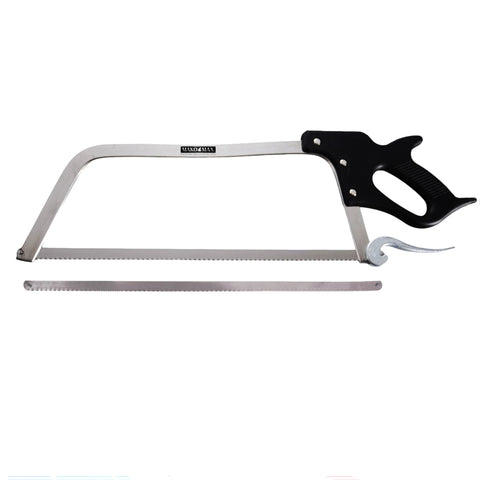 A metal hacksaw with a black handle and silver blade, shown with one additional replacement blades on a plain white background. The brand name 'Mako Max' is visible on the upper part of the frame.