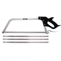 A metal hacksaw with a black handle and three interchangeable silver blades, shown on a plain white background.