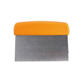 A metal scraper or putty knife with a brushed silver blade and a bright orange handle, shown against a solid black background.