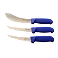 three knives with blue handles on a black background