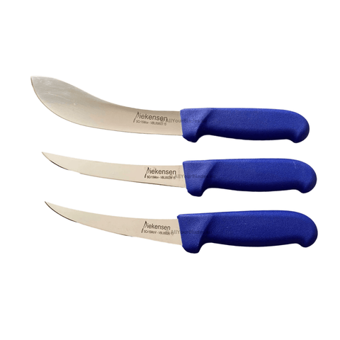 three knives with blue handles on a black background