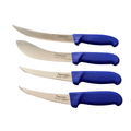 three knives with blue handles on a black background