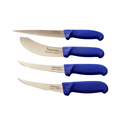 three knives with blue handles on a black background
