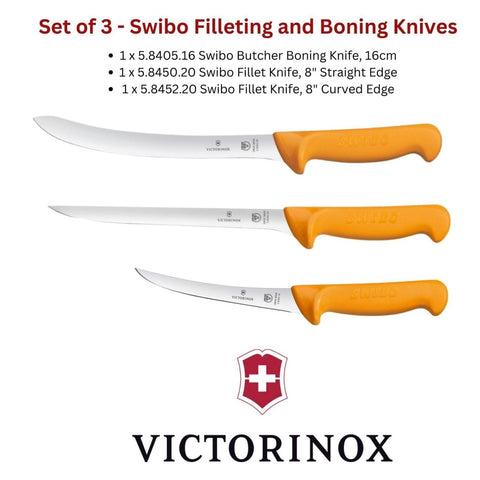 Set of 3 Swibo 8" Fillet Knives Narrow Straight & Curved, 6" Boning Knife