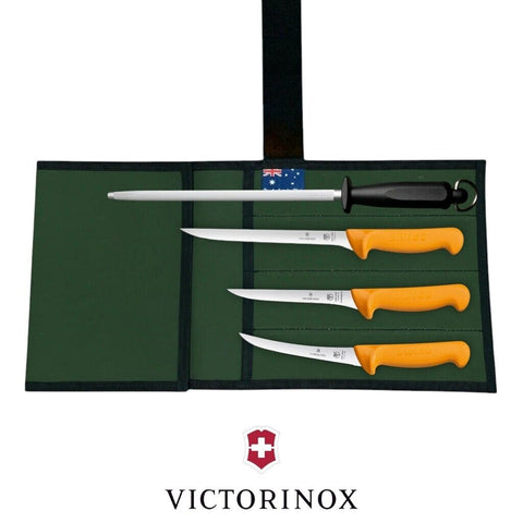 Swibo Victorinox 4PCS Knife Set Heavy Duty Canvas Wrap Filleting Boning Steel
