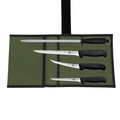 Victorinox knife set with four knives and a honing steel in an olive green roll-up case, shown on a white background with the Victorinox logo below.