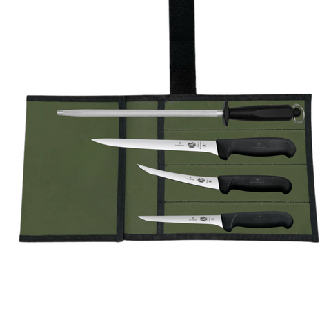 Victorinox knife set with four knives and a honing steel in an olive green roll-up case, shown on a white background with the Victorinox logo below.