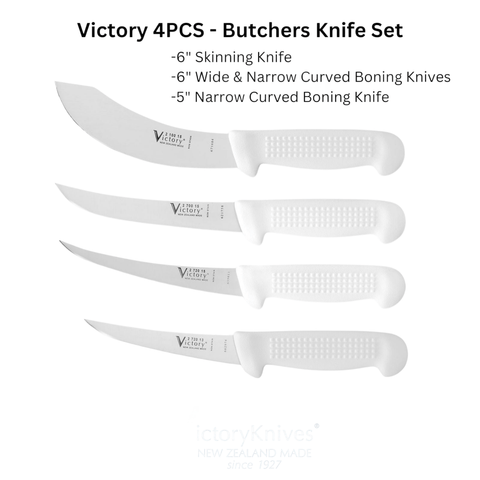 a set of four knives, each with a different design and size, arranged in a row.