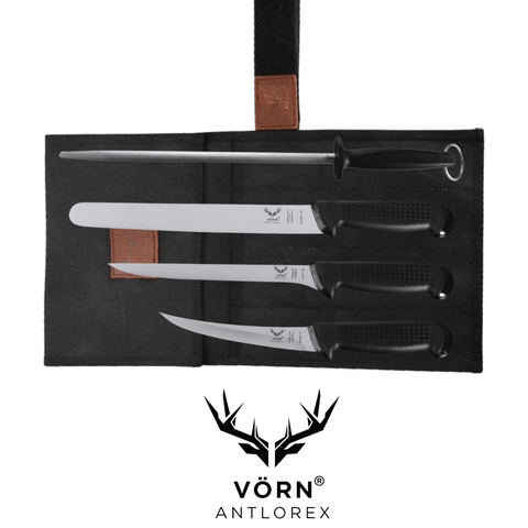Vorn Antlorex 4PCS Essential Boat Fillet & Skinner Knife Set with 12" Sharpening Steel & Canvas Wrap