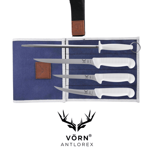 Vorn Antlorex 4PCS Professional Boat Fillet & Boning Knife Set with 12" Sharpening Steel & Canvas Wrap