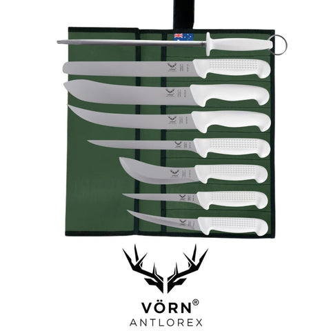 Vorn Antlorex 8PCS Ultimate Sportsman's German Steel Knife Package Set with 12" Sharpening Steel & Canvas Wrap