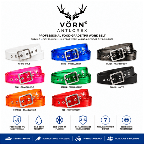 VORN ANTLOREX Food-Grade TPU Work Belt – 316 Marine Grade Stainless Steel | Butcher, Fishing & Marine