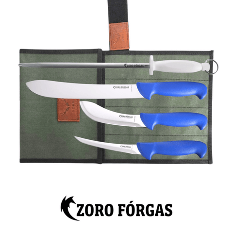 Zoro Forgas 4 Piece Butcher 10" Bullnose Knife Boning Knife Set and 12" Sharpening Steel
