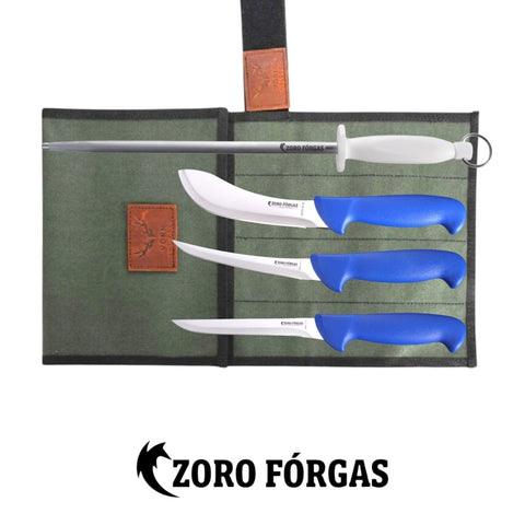 Zoro Forgas 4PCS Butcher, Farm & Hunter Knife Set with Sharpening Steel & Canvas Wrap