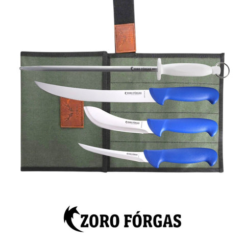 Zoro Forgas 4PCS Farm Butcher Knife Set with 12" Sharpening Steel & Canvas Wrap